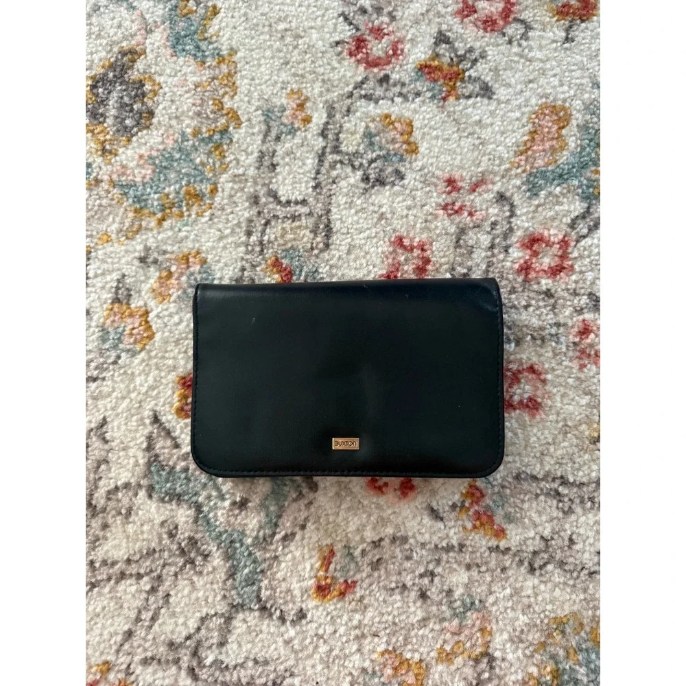 Buxton Black Leather Organizer Clutch Wallet with Mirror and Gold Hardware